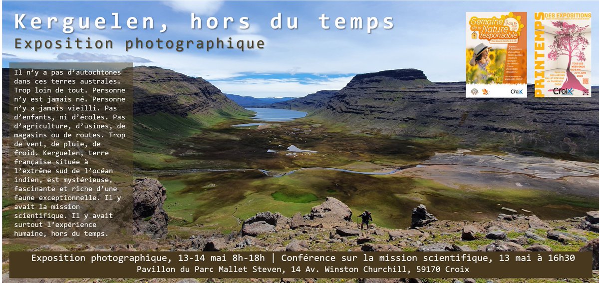 A l'occasion du printemps des expos, je propose une immersion photographique "Kerguelen, Hors du temps" au parc Mallet Steven à Croix 13-14 mai (+ conf. scientifique à 16h30 le samedi). #kerguelen, #photosnatures #horsdutemps #science #climat 
@_IPEV <a href="/TAAFofficiel/">Terres australes et antarctiques françaises (TAAF)</a> <a href="/CultureULille/">Culture Univ Lille</a>