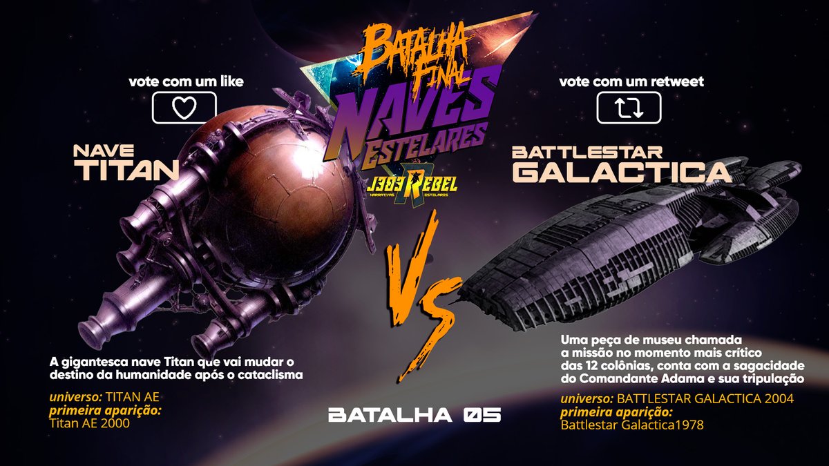 SecularGames's tweet photo. Batalha #5 - #BatalhaFinal

Nave Titan (like)
versus
Battlestar Galactica (RT)

Os exilados das 12 colônias #BSG #BattlestarGalactica enfrentam a última esperança da humanidade #TitanAE. Vamos descobrir quem é a nave mais forte! 🤗

Conheça https://t.co/t0Or8tGnJ9 https://t.co/xo7PqkZFh9