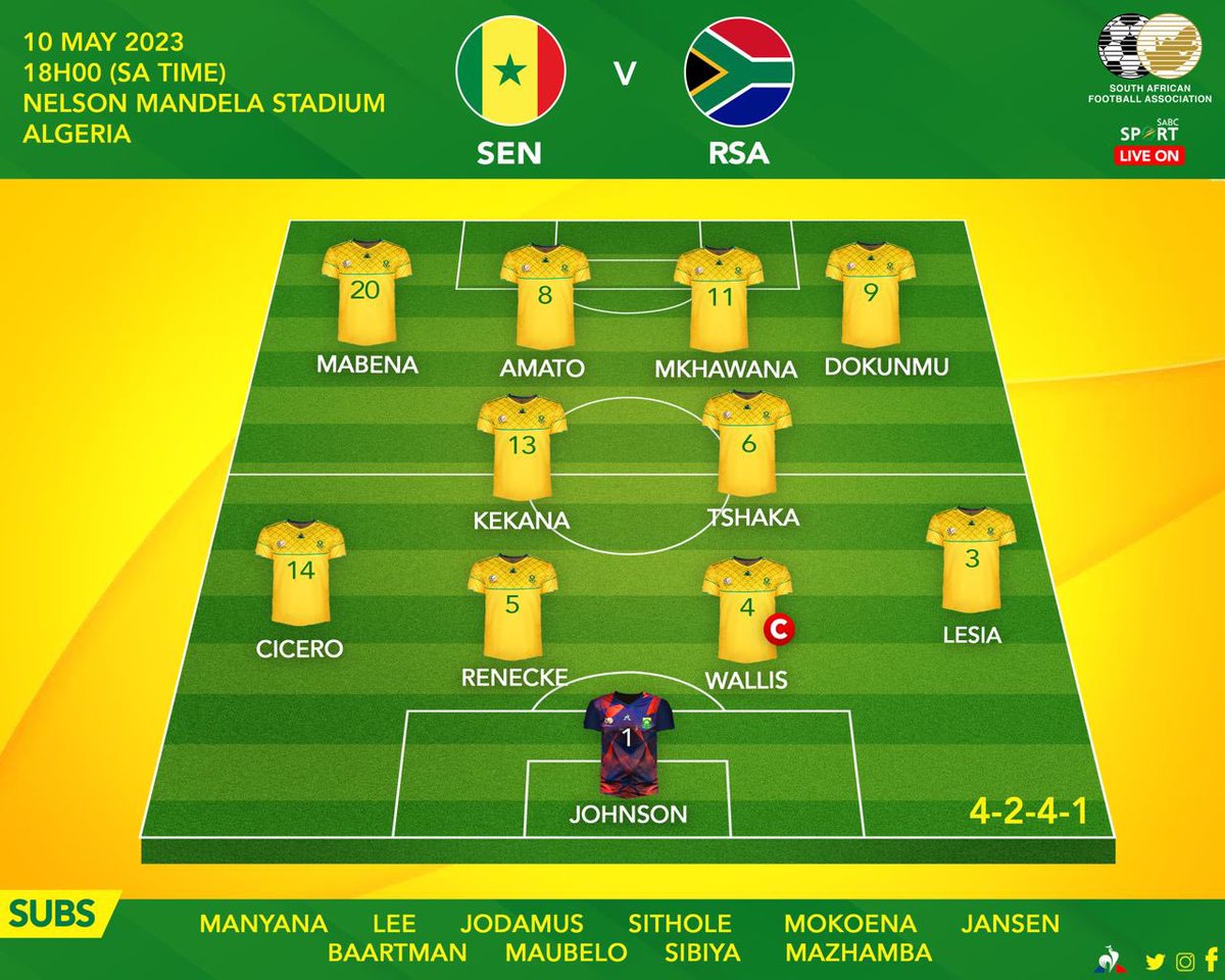 STARTING XI.

Coach Duncan Crowie has named the starting line-up for tonight's game against Senegal in the quarter-final of the #U17AFCON 

Kick-off: 18:00 

#MzansiBallerz