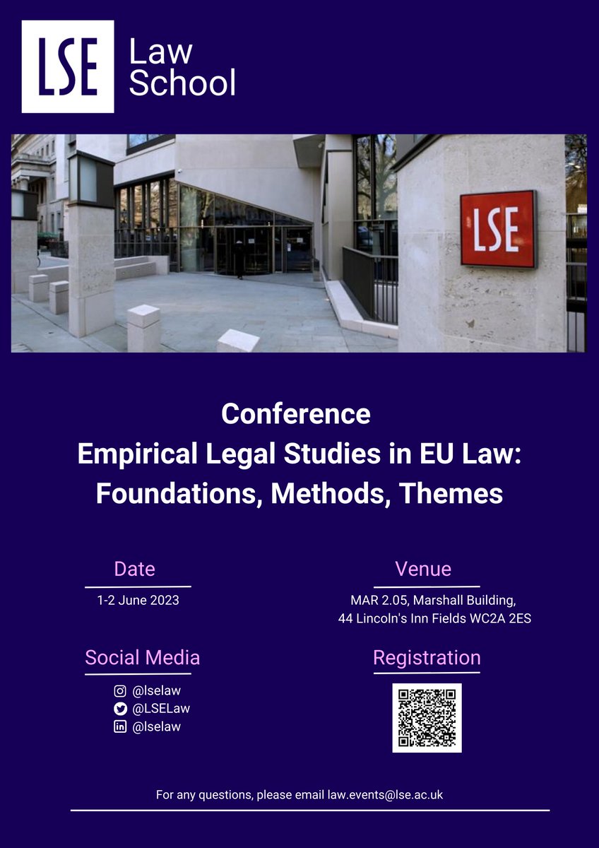 🚨 Conference Alert 🚨 @LSELaw is hosting a conference on Empirical Legal Studies in EU law – with a stellar line-up of speakers. Join us in person or online! 🗓️ 1-2 June 2023 🔗 Info and registration 👇 lselaw.events/event/conferen…