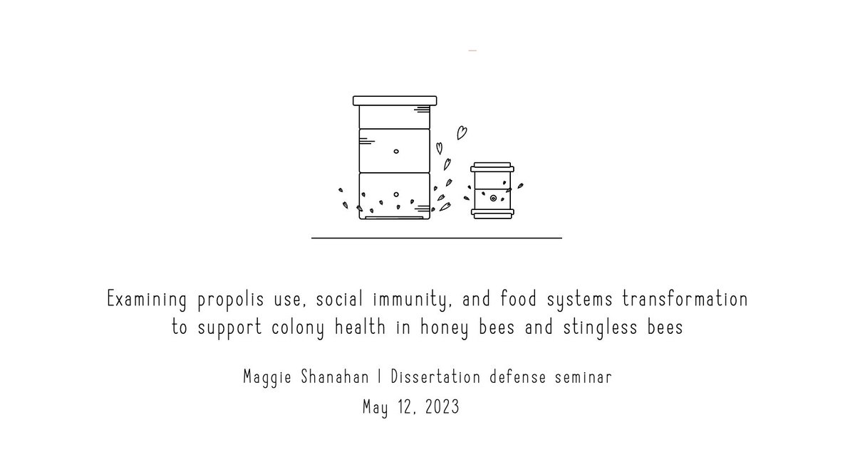 Presenting my dissertation defense seminar this Friday, May 12th at 9am Central 🥳 I'll cover propolis use by honey bees and stingless bees, and the impacts of industrial agriculture on honey bee health 🐝🥓🚜 Let me know if you'd like a link to attend virtually ✨