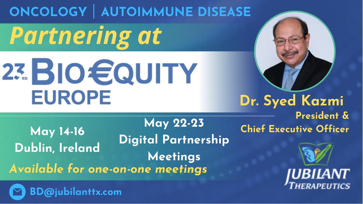 CEO, Dr. Syed Kazmi, is attending #BioEquity 5/14-16 in Dublin and is available for partnering. Our precision #biotech company is compiled of differentiated drug candidates for challenging diseases in #oncology and #autoimmunediseases. Come talk with Dr. Kazmi to learn more.