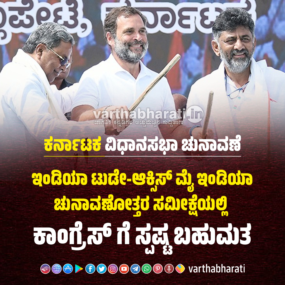 varthabharati's tweet photo. ಕರ್ನಾಟಕ ವಿಧಾನಸಭಾ ಚುನಾವಣೆ - 2023
► ಇಂಡಿಯಾ ಟುಡೇ-ಆಕ್ಸಿಸ್ ಮೈ ಇಂಡಿಯಾ ಚುನಾವಣೋತ್ತರ ಸಮೀಕ್ಷೆಯಲ್ಲಿ ಕಾಂಗ್ರೆಸ್ ಗೆ ಸ್ಪಷ್ಟ ಬಹುಮತ
Read More here: https://t.co/GiCYrWkobK
#karnatakaelectionexitpoll2023 #KarnatakaElectionExitPoll #karnatakaassemblyelection2023 #congress #bjp #IndiaToday https://t.co/s9jvLkV0lJ