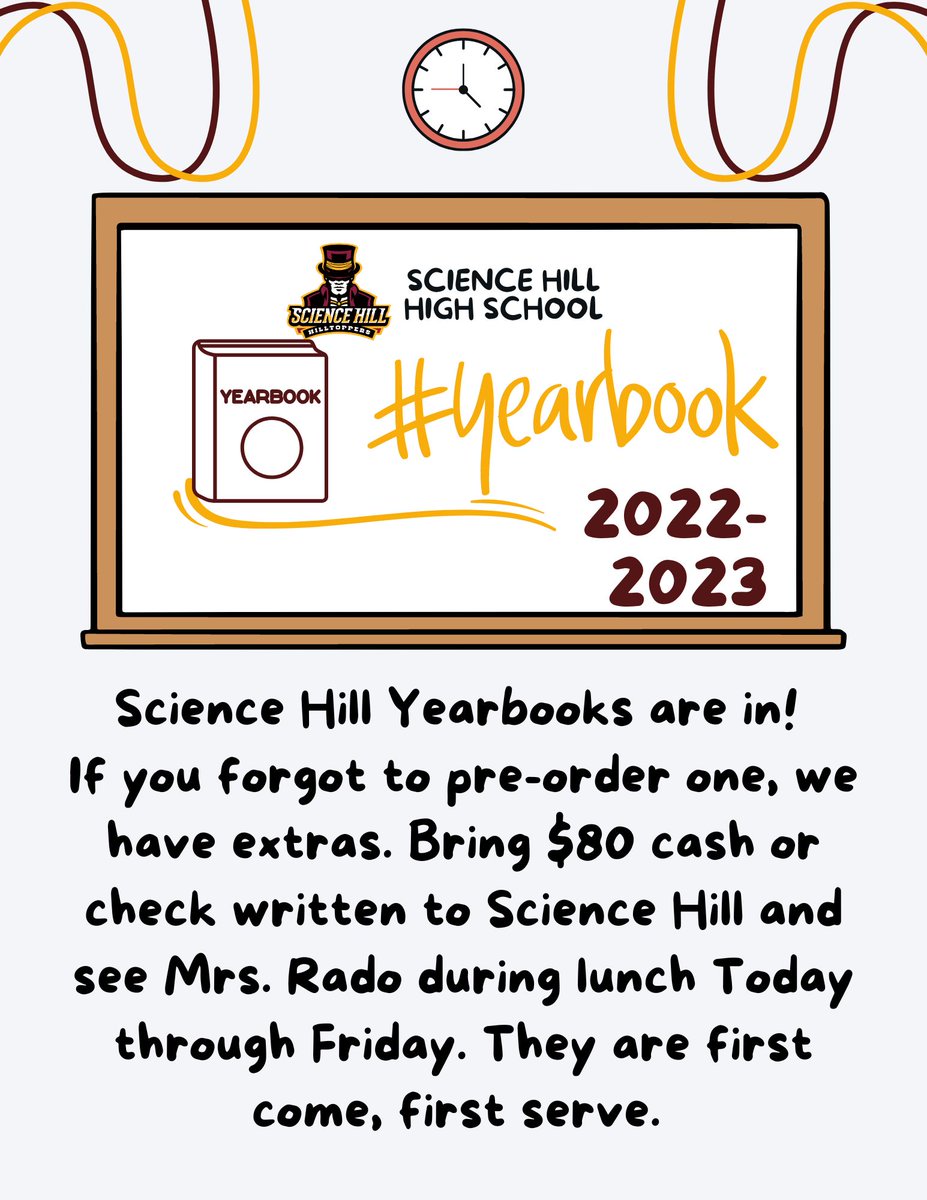 JohnsonCitySchools (@jcitytnschools) on Twitter photo <a href="/ScienceHill_JCS/">SCIENCE HILL HIGH SCHOOL</a> Yearbooks are in!
If you forgot to pre-order one, we have extras. Bring $80 cash or check written to Science Hill and see Mrs. Rado during lunch Today through Friday. They are first come, first serve. <a href="/ScienceHill_JCS/">SCIENCE HILL HIGH SCHOOL</a> Yearbooks are in!
If you forgot to pre-order one, we have extras. Bring $80 cash or check written to Science Hill and see Mrs. Rado during lunch Today through Friday. They are first come, first serve.