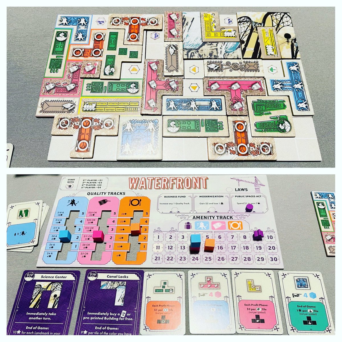 Puffindor's tweet photo. I seriously love #RebuildingSeattle by @QuinnBrander @wizkidsgames. Just so good!! With my awesome district, I thought I secured the win this time, but nope 😿 Tied w/ another player at 122 points & the winner had 178 🤯 Definitely recommend this game. So. Much. Fun! #boardgames https://t.co/Eof10hkuvC