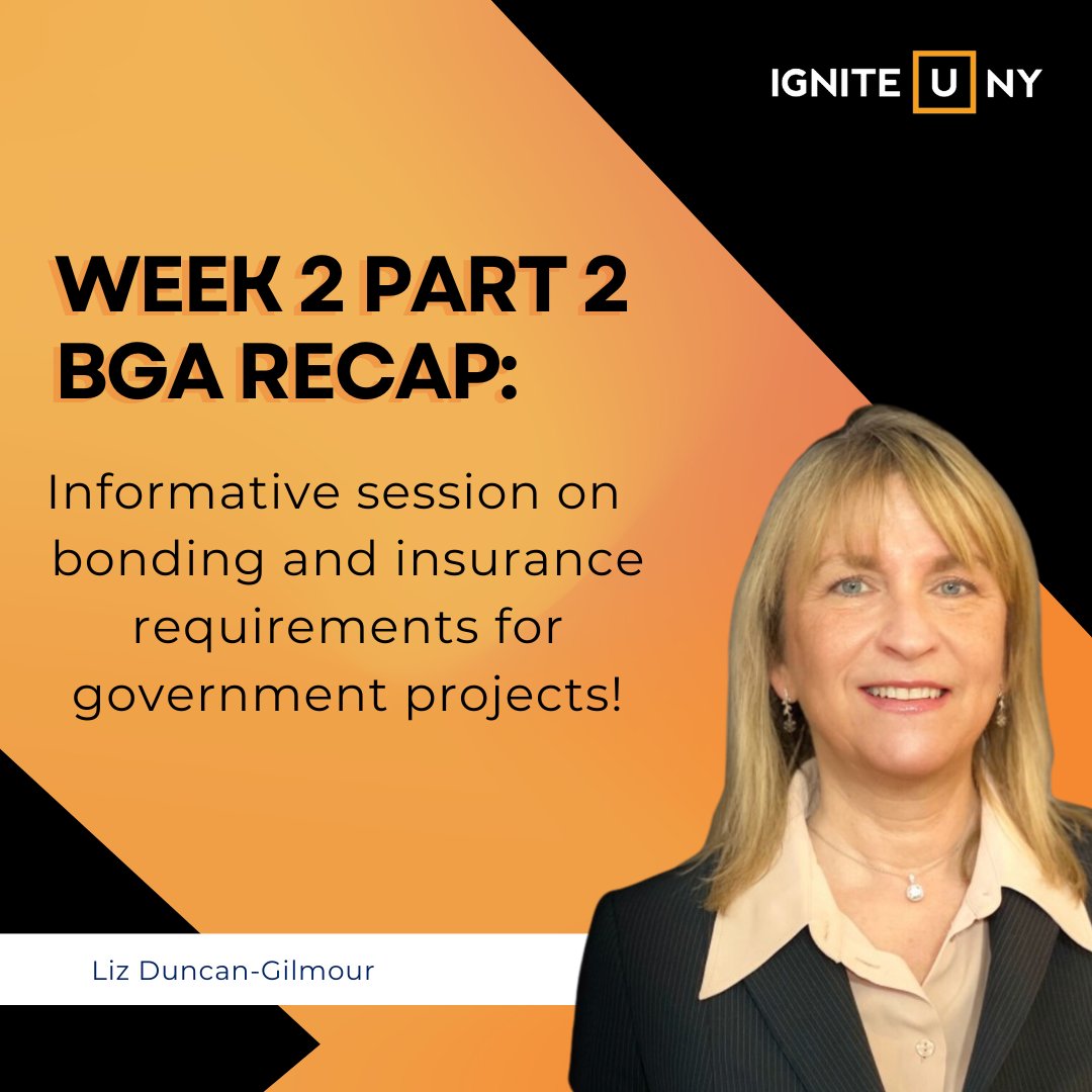 igniteuny's tweet photo. A huge thank you to Liz Duncan-Gilmour of the The Cayemitte Group for her informative session on bonding and insurance requirements for government projects.
 #bonding #insurance #governmentcontracting #BGA #MWBE #IgniteU #NYSTEC https://t.co/zRcl1sr7ZY