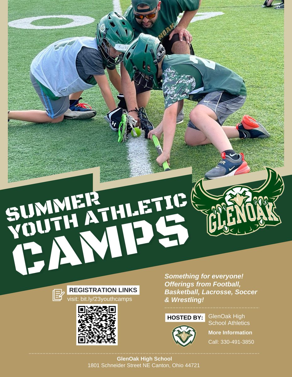 Plain Local Schools (@plainlocal) on Twitter photo Reminder: <a href="/GO_GoldenEagles/">GlenOak Athletics</a> is offering a variety of youth camps this summer for your Little Eagle to participate in!
Visit their website at bit.ly/23youthcamps to review the options and sign up!
Questions? Contact the call 330-491-3850 or gohsathletics@plainlocal.org. Reminder: <a href="/GO_GoldenEagles/">GlenOak Athletics</a> is offering a variety of youth camps this summer for your Little Eagle to participate in!
Visit their website at bit.ly/23youthcamps to review the options and sign up!
Questions? Contact the call 330-491-3850 or gohsathletics@plainlocal.org.