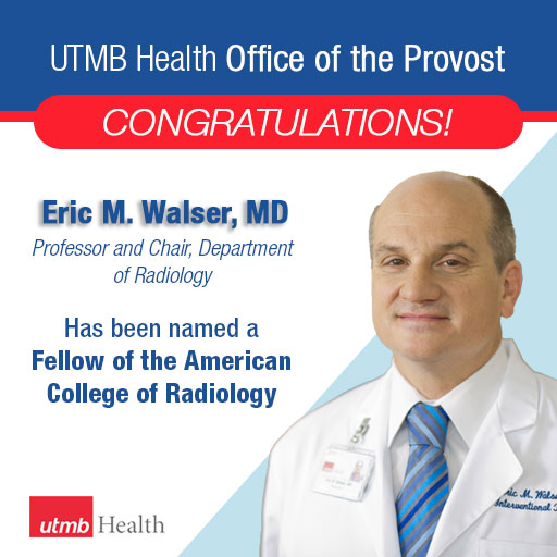 Congratulations to Dr. Eric M. Walser, Professor & Chair @UtmbRadiology, on being awarded Fellowship by the American College of Radiology! Read more about this honor and see the full list of newly awarded Fellows. acr.org/Member-Resourc…