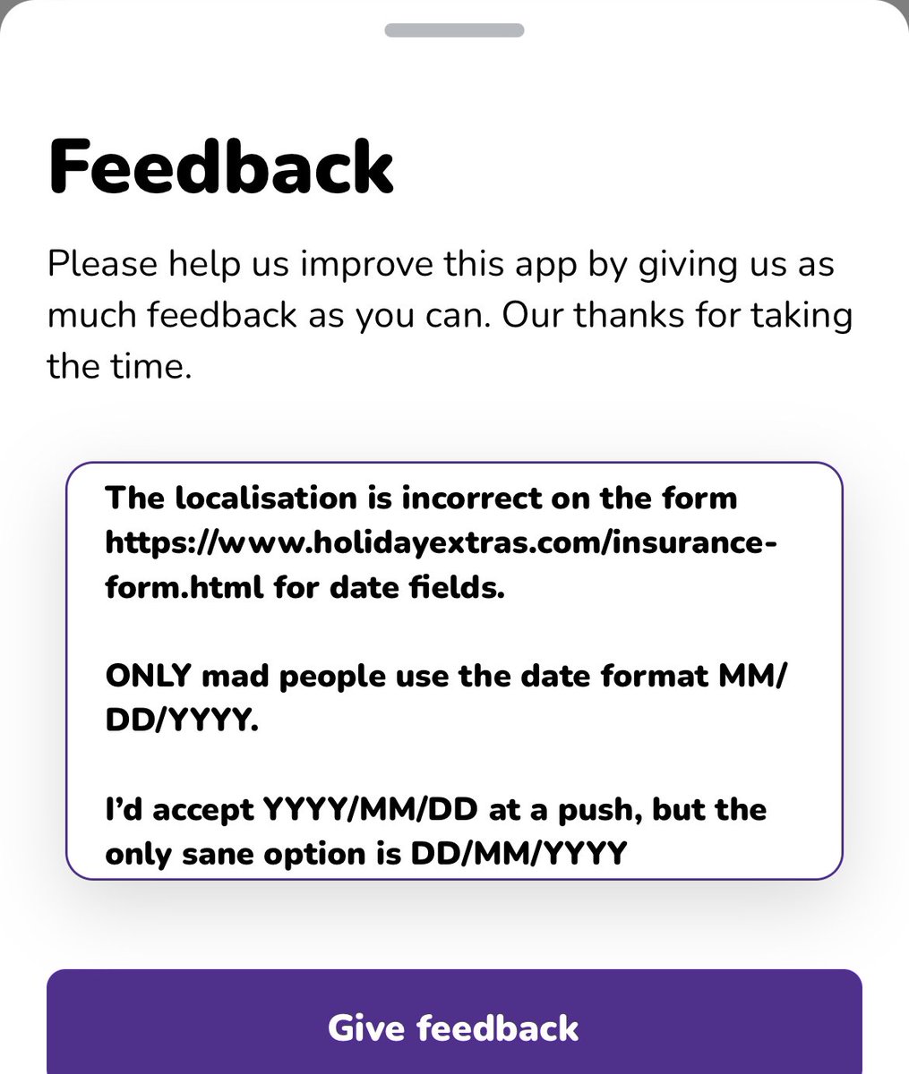 DanBeerWantage's tweet photo. Doing my best to help make the @HolidayExtras app useable. Missing buttons so you can’t submit forms, oh and madness in the date selection inputs… https://t.co/soOHzucRIe