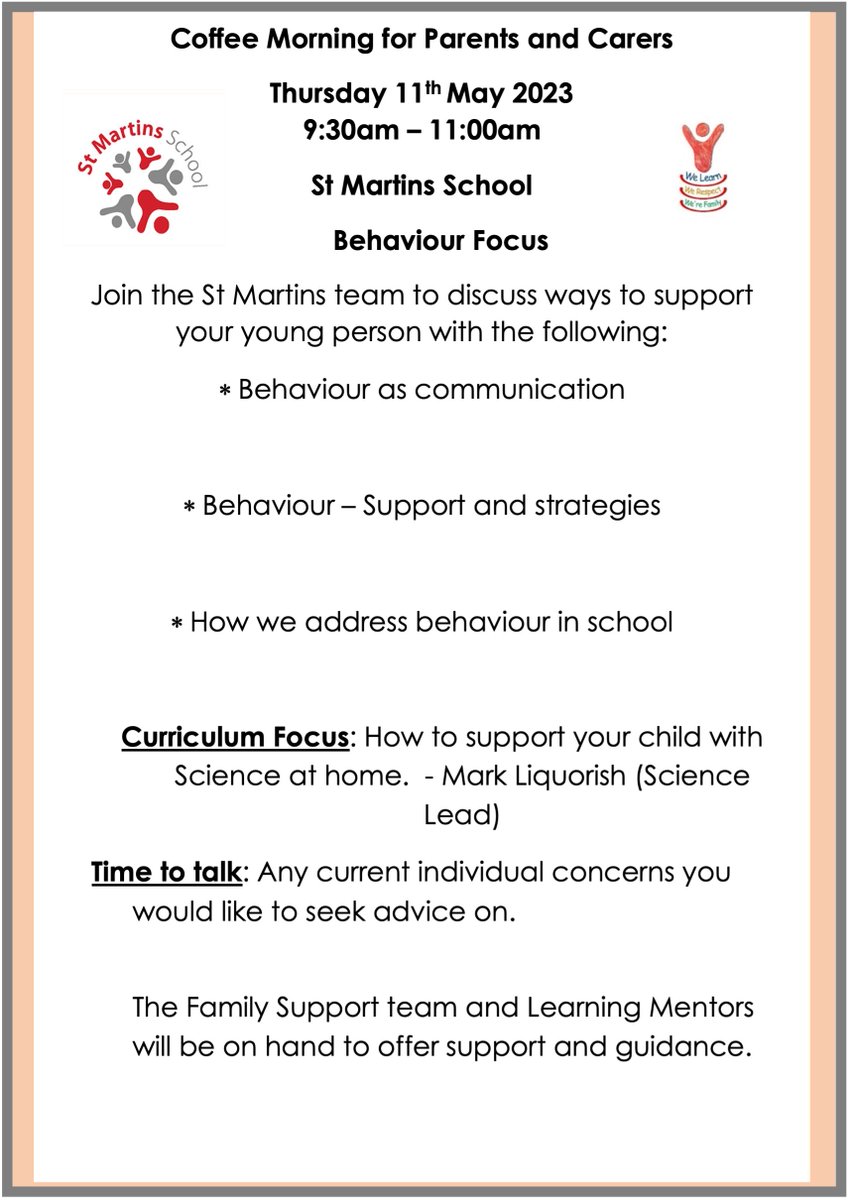 Reminder ❗️
Coffee Morning for all Parents and Carers - Tomorrow at 9:30am. ☕️

Why not come along and discuss ways to support your young person with a focus around behaviour.