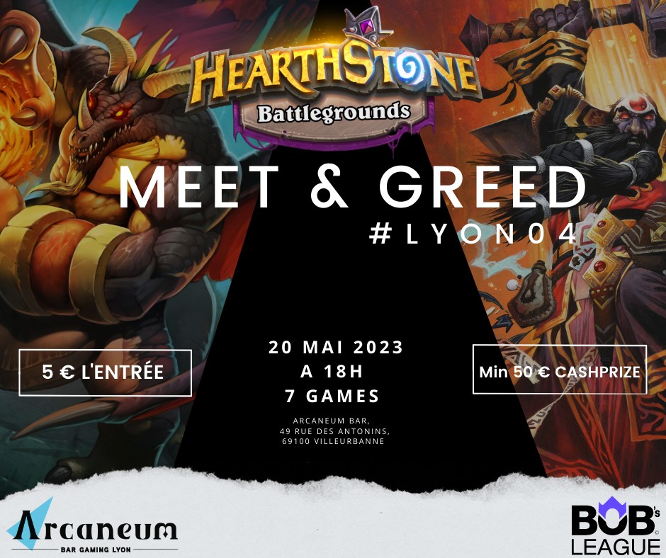 ArcaneumLyon's tweet photo. 🔷 TOURNOI BATTLEGROUNDS 🔷

📅 Samedi 20 Mai à 18h

@Umaytry met son titre en jeu pour cette 4e édition du Meet &amp; Greed ! Pourras-tu le faire tomber ? 

👥 16 joueurs (11 PC + 5 emplacements libres)
🎟️ Entrée à 5€

Inscription sur https://t.co/XNRlTLbARs

By @Bobs_League https://t.co/GXZcgSO2Ui