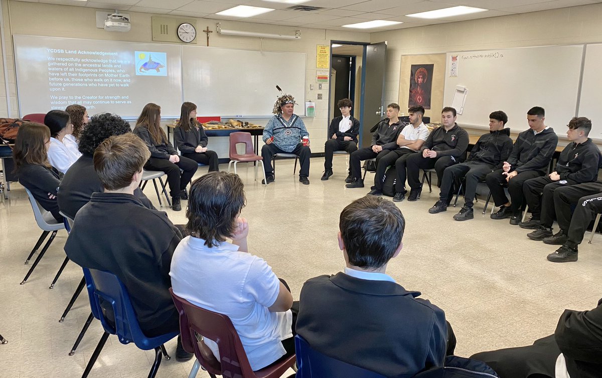 My First Nations, Mètis & Inuit Voices class was honoured by the stories and teachings of YCDSB knowledge keeper Todd Jamieson today. #grateful to share a circle with him again @FrBressaniCHS @IndigenousYCDSB