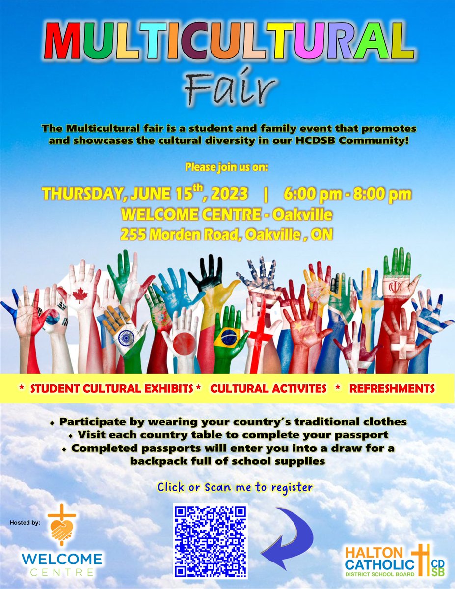 Save the date:  Thursday, June 15th, 2023.  Welcome Centre is hosting a Multicultural Fair!  Click here to register to attend the event:  forms.office.com/r/qhxu2muHbQ
<a href="/HCDSB/">Halton Catholic DSB</a> #hcdsbesl