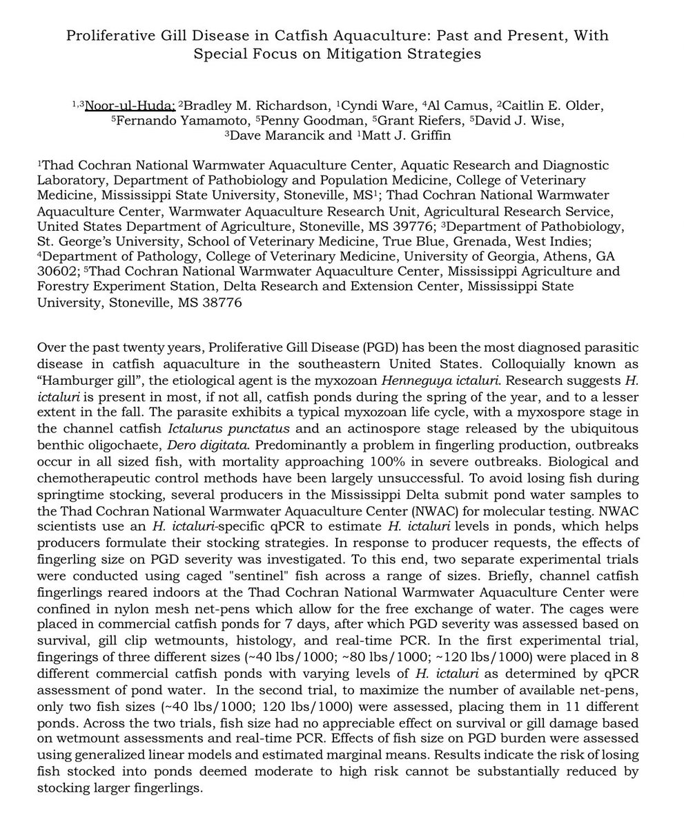 Noor Ul Huda’s talk is titled “Proliferative Gill Disease in Catfish Aquaculture: Past and Present, With Special Focus on Mitigation Strategies”

Read the abstract: