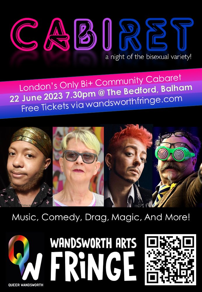 Music 🎶 Comedy 🎭 Drag 💄Magic🪄 and more!! We are partnering with @WAFfringe  and <a href="/TheBedfordPub/">The Bedford, Balham</a> for London’s only Bi+ community cabaret. Join us for a wonderful evening of bisexual variety on the 22nd June @ 7.30pm. Get your FREE tickets: wandsworthfringe.com