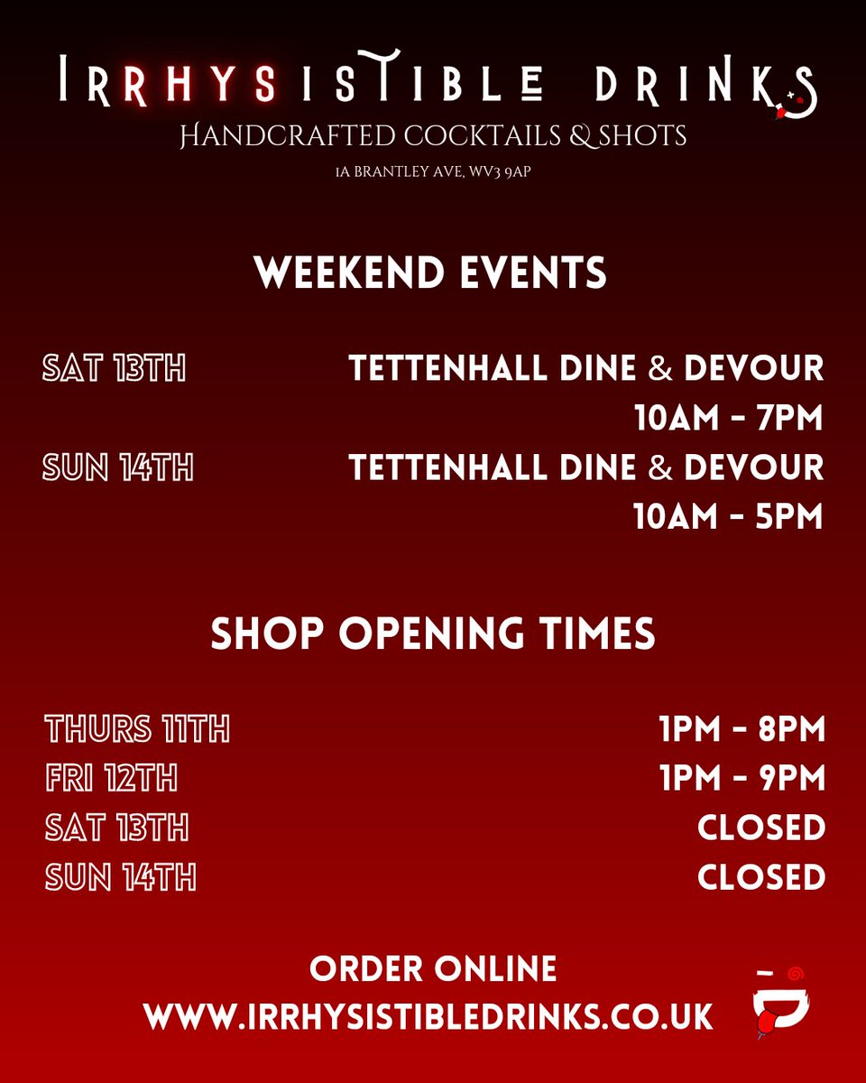 Irrhysistible__'s tweet photo. This Weekends Events 📆

Sun 13th - Tettenhall Dine &amp; Devour
Sun 14th - Tettenhall Dine &amp; Devour

Opening Times
Thurs 11th - 1pm till 8pm
Fri 12th - 1pm till 9pm
Sat 13th - Closed (Delivery)
Sun 14th - Closed (Delivery)

Click the link in our bio to find your nearest stockist 📍 https://t.co/yJN0sdqsyy