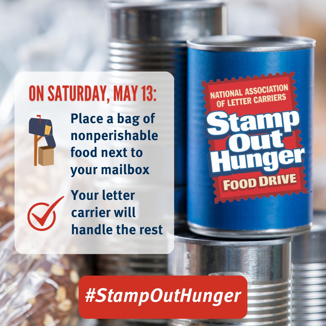 PicoRiveraCity's tweet photo. Wondering how to support your local food bank? Participate in the Stamp Out Hunger Food Drive on Saturday, May 13!  

Just leave your non-perishable food donation at your mailbox, and your letter carrier will take care of the rest!!! https://t.co/5cCOT0fItD