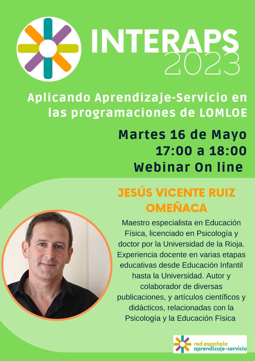 REDAPS1's tweet photo. 📢PRÓXIMO #INTERAPS
"Aplicando el #ApS en las programaciones de #LOMLOE" con Jesús Vicente Ruiz Omeñaca.
🗓️Martes 16 de mayo
⌚ 17 a 18hs
INSCRÍBETE: https://t.co/dudAnGlSeC
¡Te esperamos! #AprendizajeServicio https://t.co/XFnZhV885T
