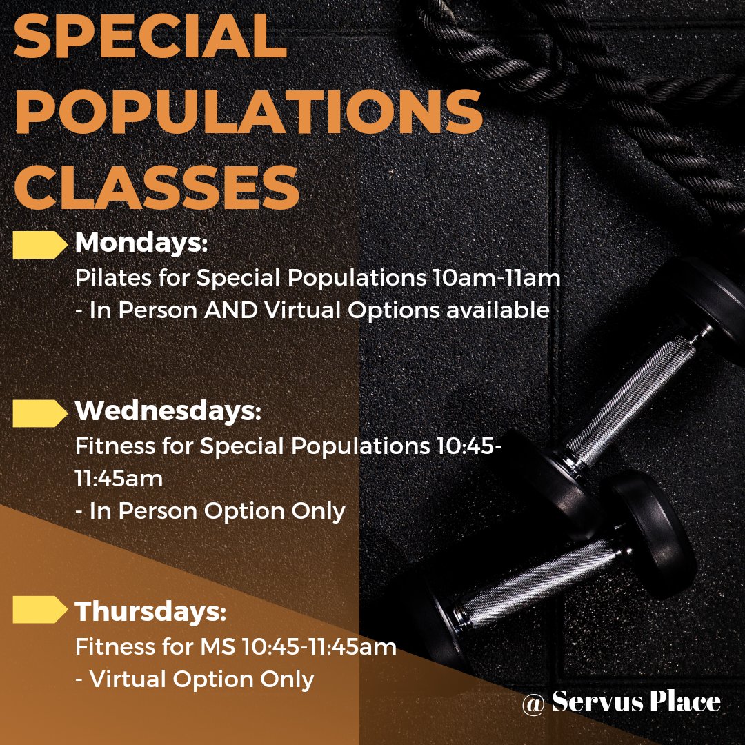 FitJas's tweet photo. Did you know we offer classes for Special Populations at Servus Place?
What does Special Populations mean? Our special Populations include anyone with movement restrictions or restrictions that require extra or a modified approach. #als #stroke #parkinsons #ms #servusplace https://t.co/YRsoHZBfeC
