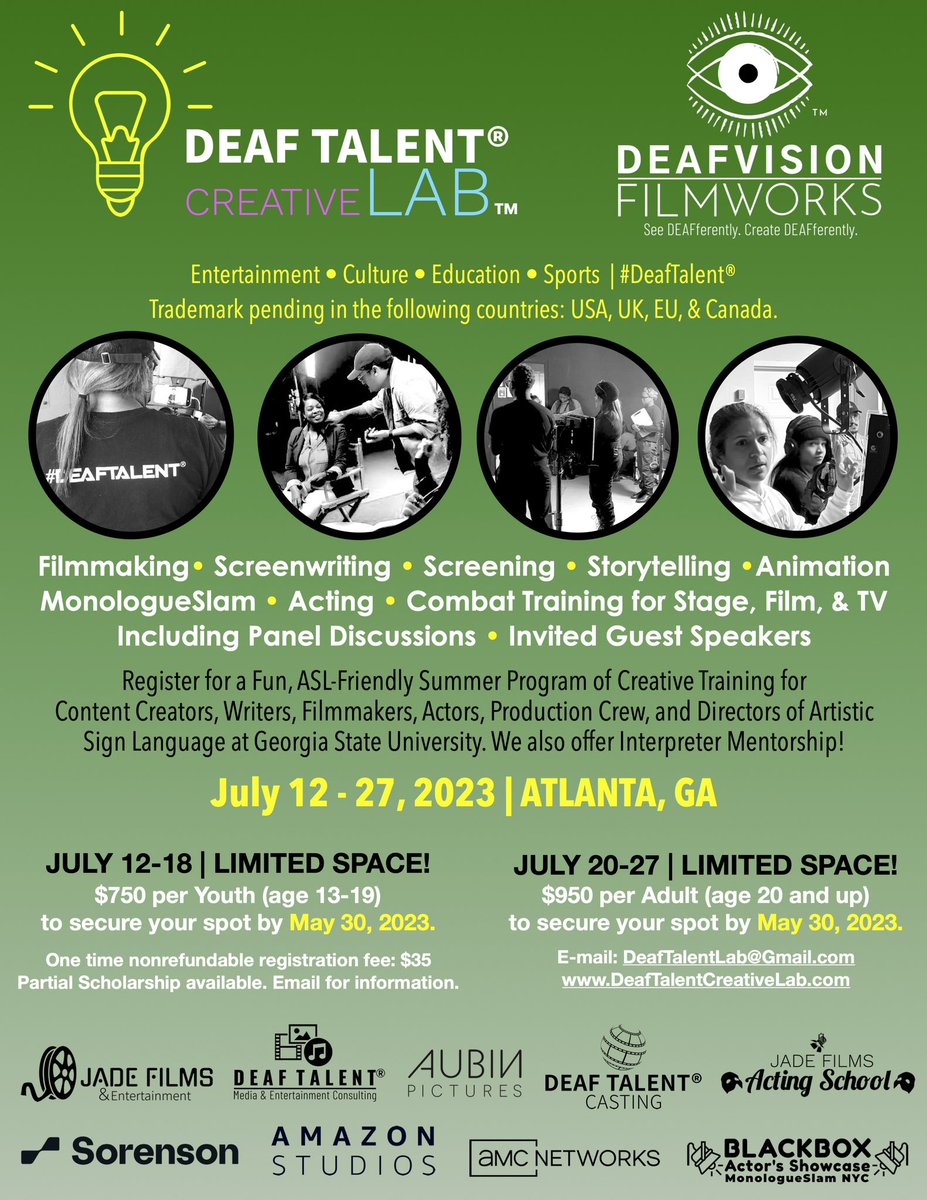 DeafShowRunner's tweet photo. Deaf Talent®️ Creative Lab™️ summer program! Please share this amazing innovative initiative!
Please secure your spot ASAP! The training lab will be held at Georgia State University!
https://t.co/37Swl0nJQJ
#DeafTalentCreativeLab #DeafTalentLab #DeafTalent®️ #DeafTalentMedia https://t.co/9YCx0lhDJr