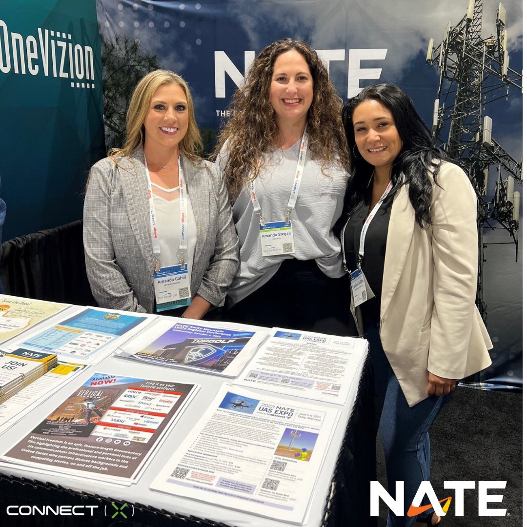 NATEsafety's tweet photo. Amanda Cahill of @networkconnex, Amanda Stegall of @MillerCo_Inc, and Carolina Bellino of @WestbrookTowersInc are pictured in @NATEsafety booth #309 on the final day of @ConnectX_USA in #neworleans, #louisiana. #5g #broadband #elevatewireless #connectx #natesafety https://t.co/NyfRCNtbV7