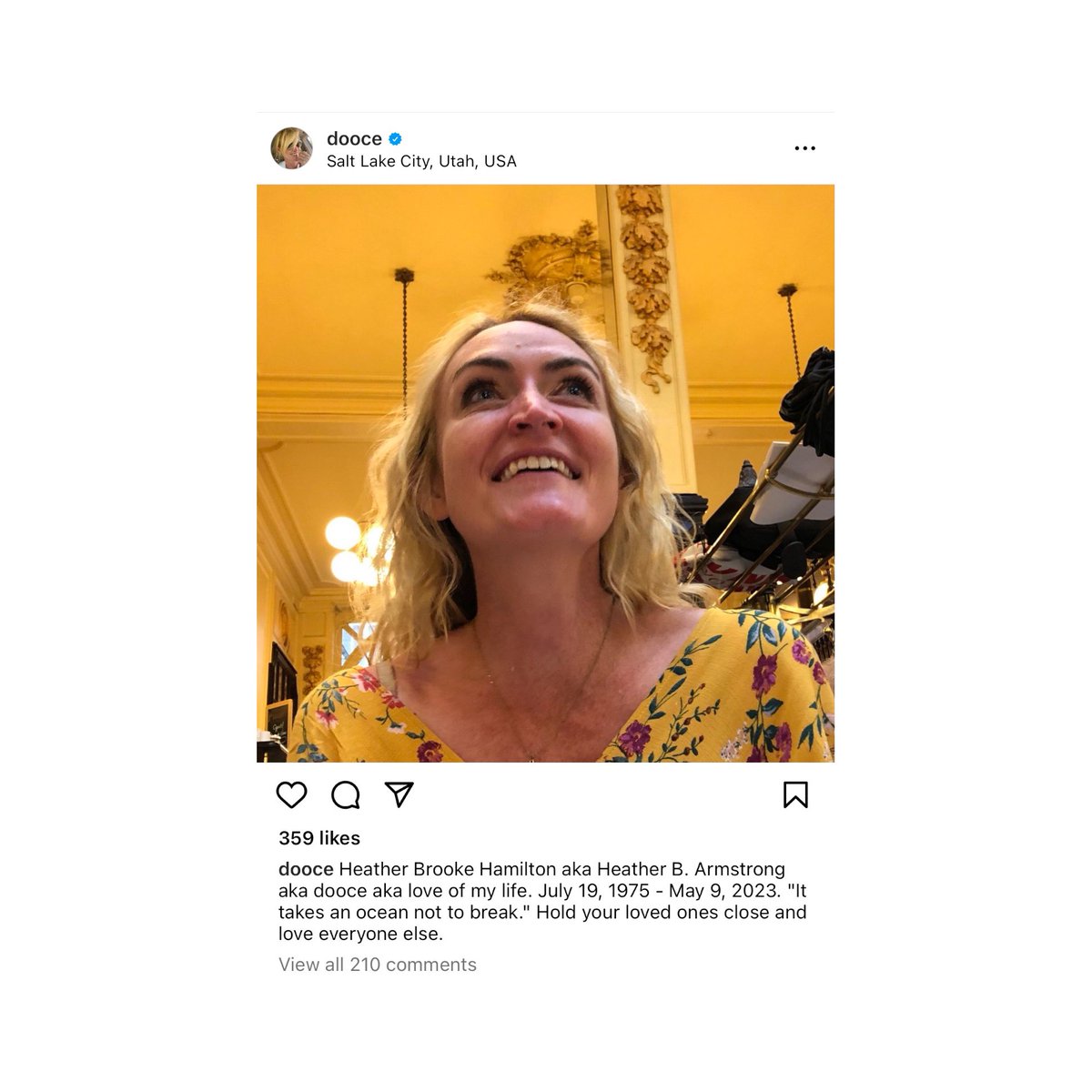 yashar's tweet photo. Devastating news…Dooce has died. 

She was only 48 years old…

I hope you’ve found peace, Heather. 

I will always remember and treasure our conversations. https://t.co/t39MoAbeAh