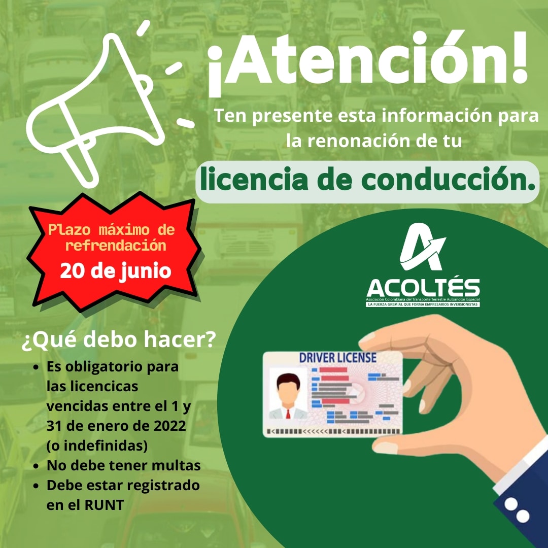 Información importante 🔊🚨

Tenga presente que transitar con licencia de conducción vencida o adulterada, se le impondrá una multa de 309.336 pesos 💸 además de imponerle un comparendo 🚫 y la inmovilización del vehículo 🚐

<a href="/MinTransporteCo/">MinTransporte</a> #Acoltes #NosFortalecemosJuntos