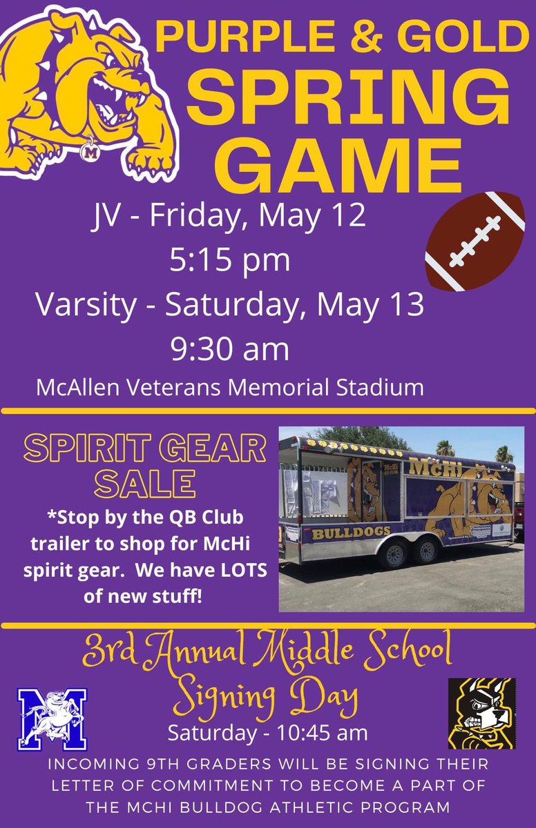 🏈💜Come cheer on the Bulldogs as they wrap up spring ball with the Purple &amp; Gold Spring Game! Go Dawgs🏈💛 <a href="/McHi_Blitz1909/">MCHI BULLDOG BLITZ</a> #SpringFootball <a href="/stallions045/">Morris Middle School</a> <a href="/TerriersTravis/">TravisTerriers</a>