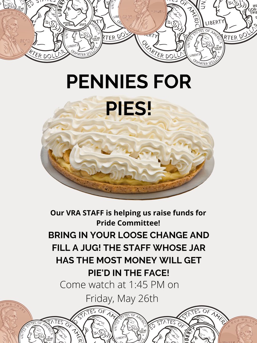 VictoryRidge's tweet photo. The Pride Committee is collecting loose change donations!
If you have a chance, please go by the front office to see this year's contestants.
The person whose jug raises the most money will get a pie in the face on Friday, 5/26 at 1:45 PM!
#VRAPRIDE #VictoryRidgeAcademy https://t.co/5JmpKt3PPe