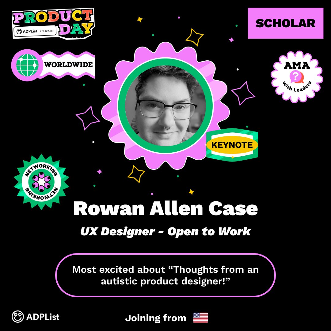 RowanAllenCase's tweet photo. Woohoo, I’m going to ADPList Product Day 2023. And just received my virtual VIP ticket! Looking forward to this 24hr bonanza of non-stop learning in groundbreaking work, career growth, future trends, and entrepreneurship! #ProductDay2023 https://t.co/C1icrGuEqU