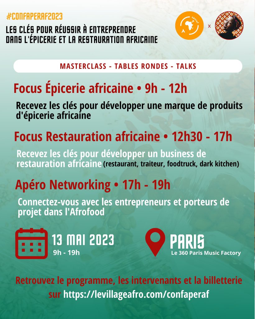 Africube_'s tweet photo. Le samedi 13 mai se tiendra à Paris la #CONFAPERAF2023, un événement qui rassemble les plus grands entrepreneurs de la restauration et l’épicerie africaines, dans le but d'échanger des idées, de réseauter et de découvrir les secrets de la réussite dans ces secteurs passionnants https://t.co/1NX6Ws598E