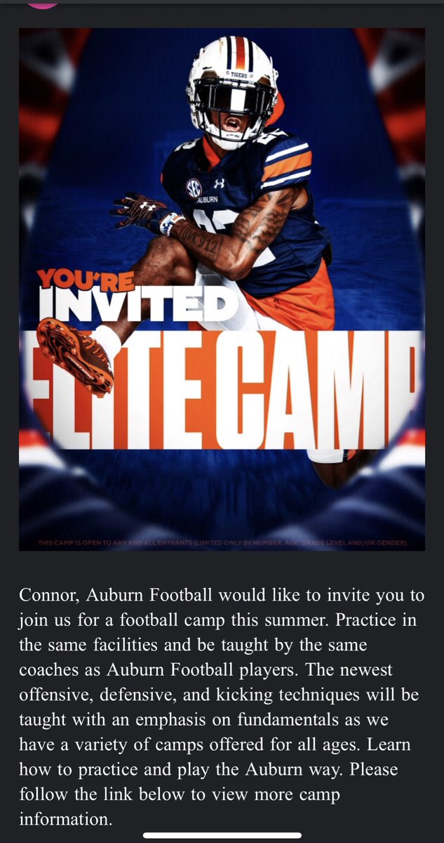 thank you <a href="/CoachHughFreeze/">Hugh Freeze</a> <a href="/CoachPMonty/">Philip Montgomery</a> for the camp invite to <a href="/AuburnFootball/">Auburn Football</a> <a href="/coachbrosman/">Jake Brosman</a> <a href="/CoachBigPete/">Peter "Coach Big Pete" Leinweber</a> <a href="/EDGYTIM/">Timothy “EDGYTIM” OHalloran</a>