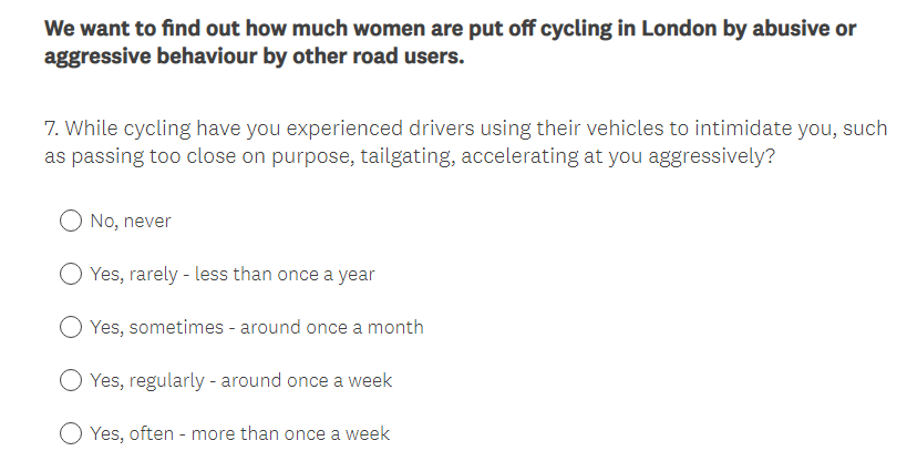 Women in London - we want to hear from you!

😢Lack of safe routes put you off riding a bike?
🤬Been harassed or abused while cycling?

Take our *What Stops Women Cycling in London?* survey &amp; you could win a <a href="/limebike/">Lime</a> goody bag! 
1/2

surveymonkey.co.uk/r/LondonCyclin…