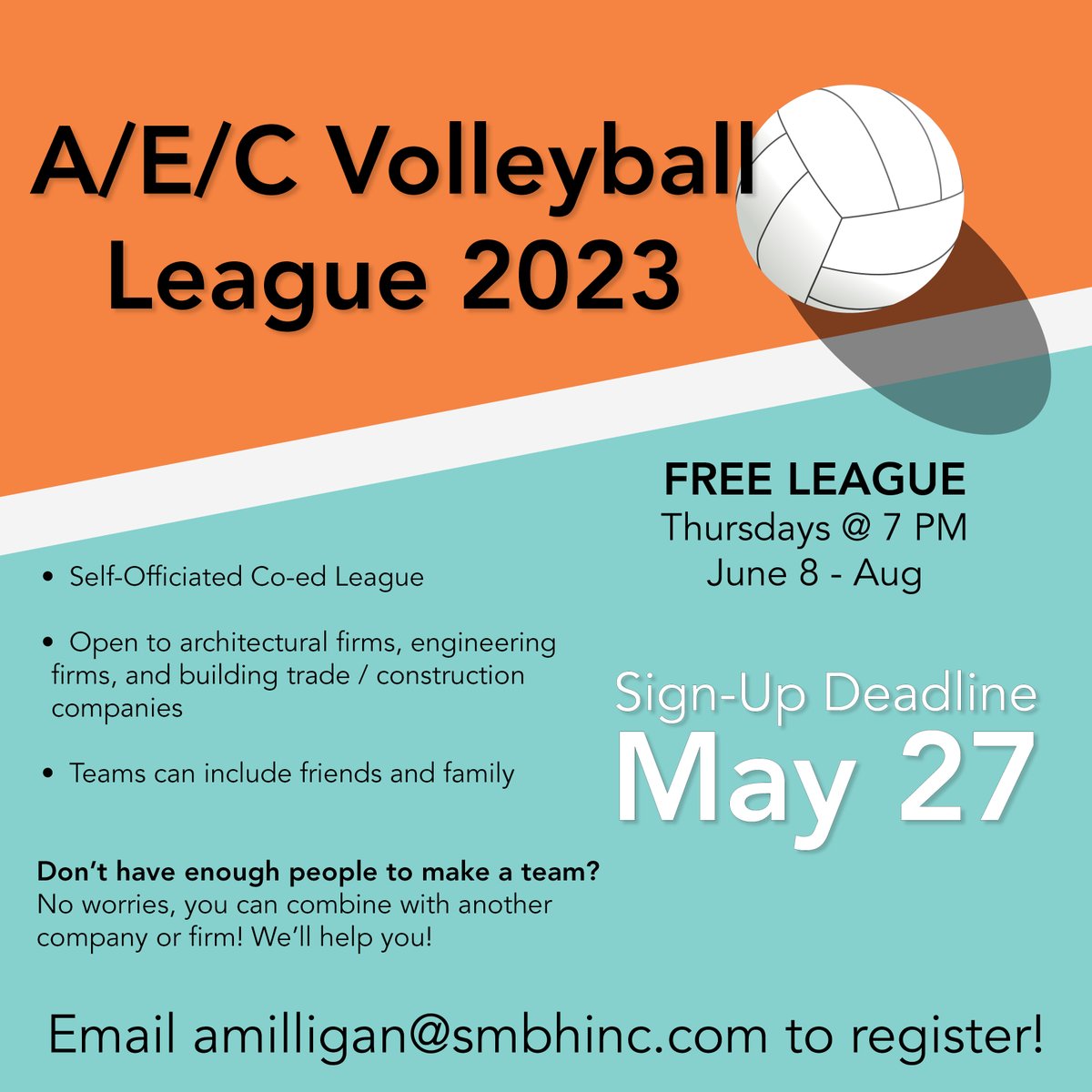 CenOHBUG's tweet photo. It's time to sign up for the annual A/E/C Volleyball League! You don't want to miss this fantastic opportunity to get your game on. 🏐

Show off your skills, make new friends, and have fun with us! Email amilligan@smbhinc.com to register and get ready to have a great time! https://t.co/tkevRdI5rC