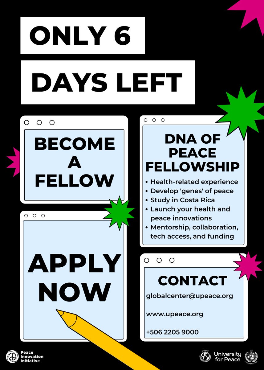 innovatepce's tweet photo. There are just 6 days left to join the DNA of Peace Fellowship Program!

We want 2 practitioner-scholars w/ experience in a health-related topic to help us transform peace potential into actionable practice

Apply: https://t.co/5ulZOheJqu https://t.co/NXYjdqU3qf