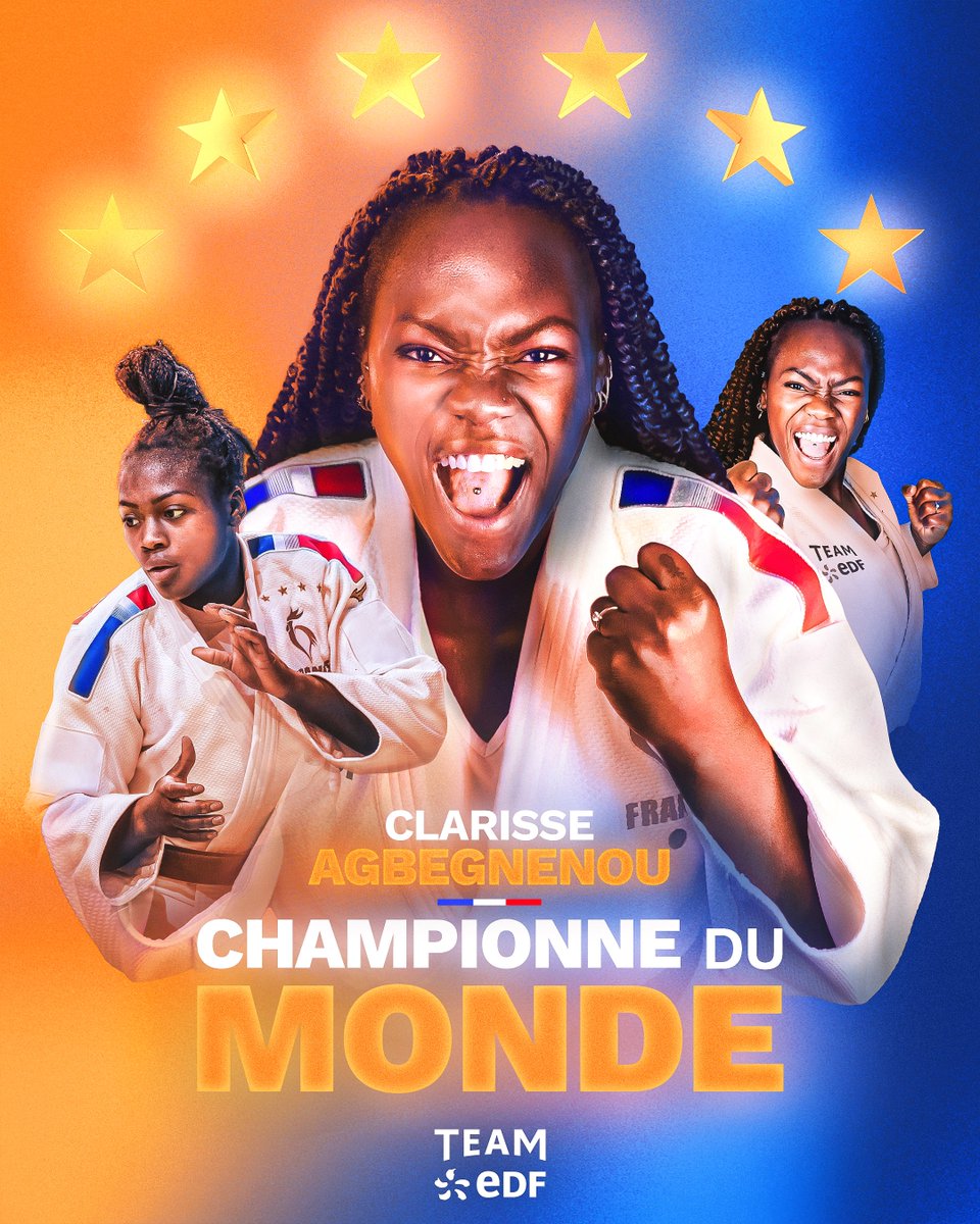 🏆 CHAMPIONNE DU MONDE 🏆
Que des Championnes dans le #TeamEDF👑 Quelques mois après être devenue maman, Clarisse Agbegnenou revient sur le toit du monde 😍 6⃣ ippons en autant de combats pour notre championne qui est allée chercher son 6⃣ème titre mondial ⭐ #EnergieduSport
