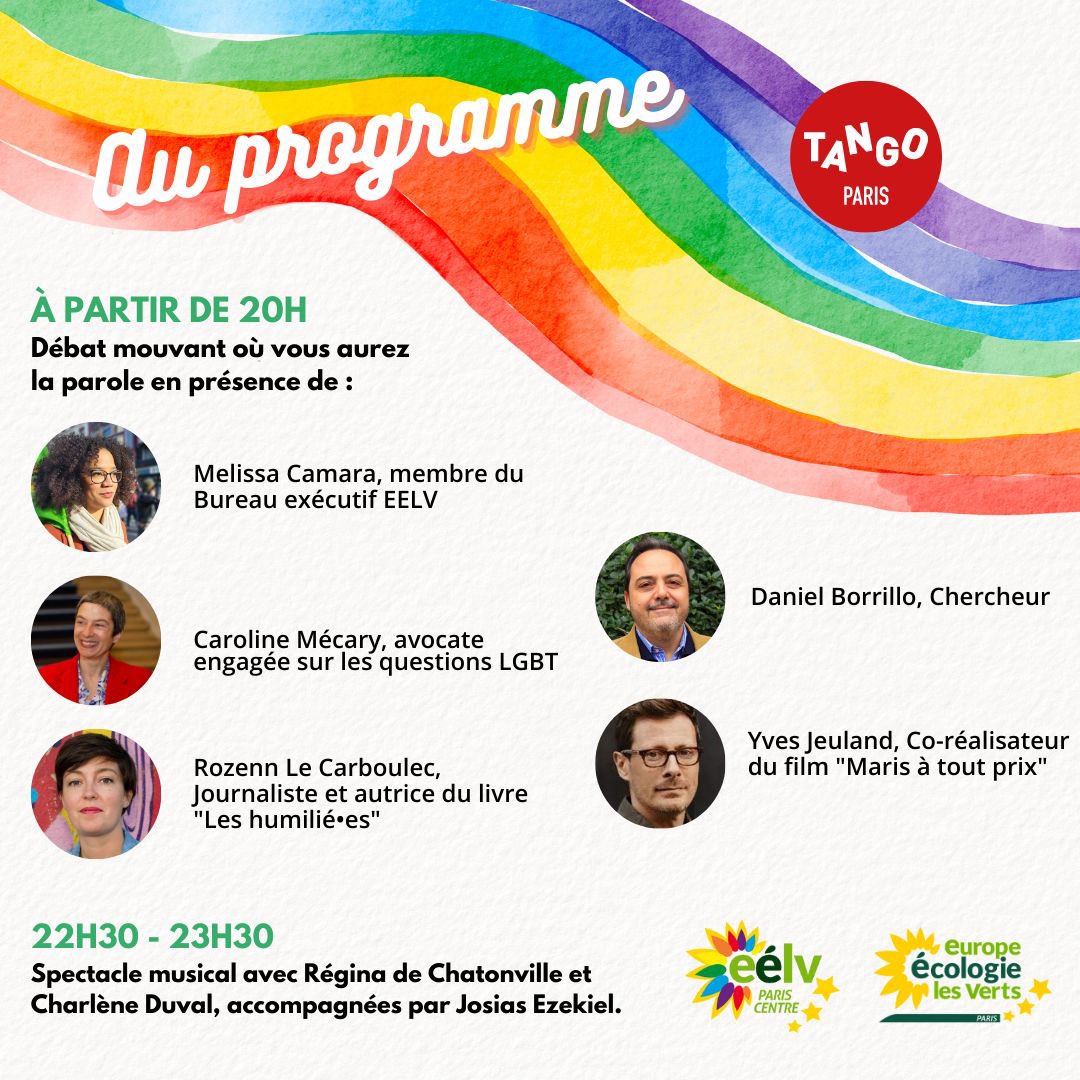 C’est demain ! 💚🏳️‍🌈

<a href="/EELV/">Les Écologistes - EELV</a> fête les 10 ans du « mariage pour tous » au Tango, avec deux tables-rondes…et un show musical ! 🎶💅

Pour s’inscrire : 7xtp56ircg3.typeform.com/to/T0uUW31d