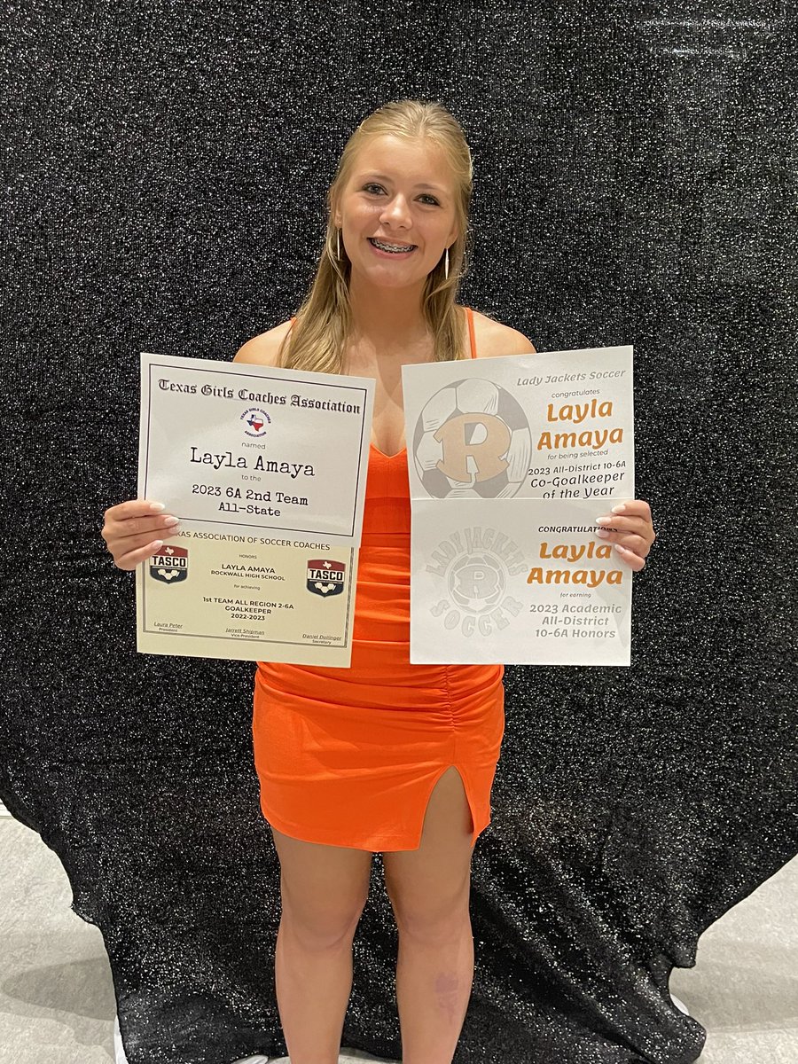 Layla Amaya (@laylaamaya4) on Twitter photo 2023 Lady Jacket Soccer Banquet!
-6A 2nd Team All-State
-Co-Goalkeeper of the Year
-1st Team All Region Goalkeeper
-Academic All District
So proud of our achievements this year and excited for my upcoming senior year!⚽️
<a href="/RISDAthletics/">Rockwall ISD Sports Marketing</a> <a href="/LJacketsSoccer/">RHS Lady Jackets Soccer</a> 2023 Lady Jacket Soccer Banquet!
-6A 2nd Team All-State
-Co-Goalkeeper of the Year
-1st Team All Region Goalkeeper
-Academic All District
So proud of our achievements this year and excited for my upcoming senior year!⚽️
<a href="/RISDAthletics/">Rockwall ISD Sports Marketing</a> <a href="/LJacketsSoccer/">RHS Lady Jackets Soccer</a>