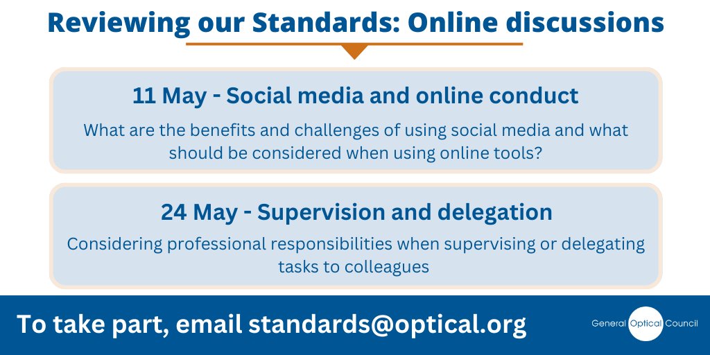 GOC_UK's tweet photo. Don't forget to sign up for our online discussions on our Standards review.

Open to all registrants and other stakeholders, discussion topics include social media &amp; online conduct, and supervising &amp; delegating to colleagues.

Find out more and sign up: https://t.co/my96ZOIa7D https://t.co/LN54bbX60e