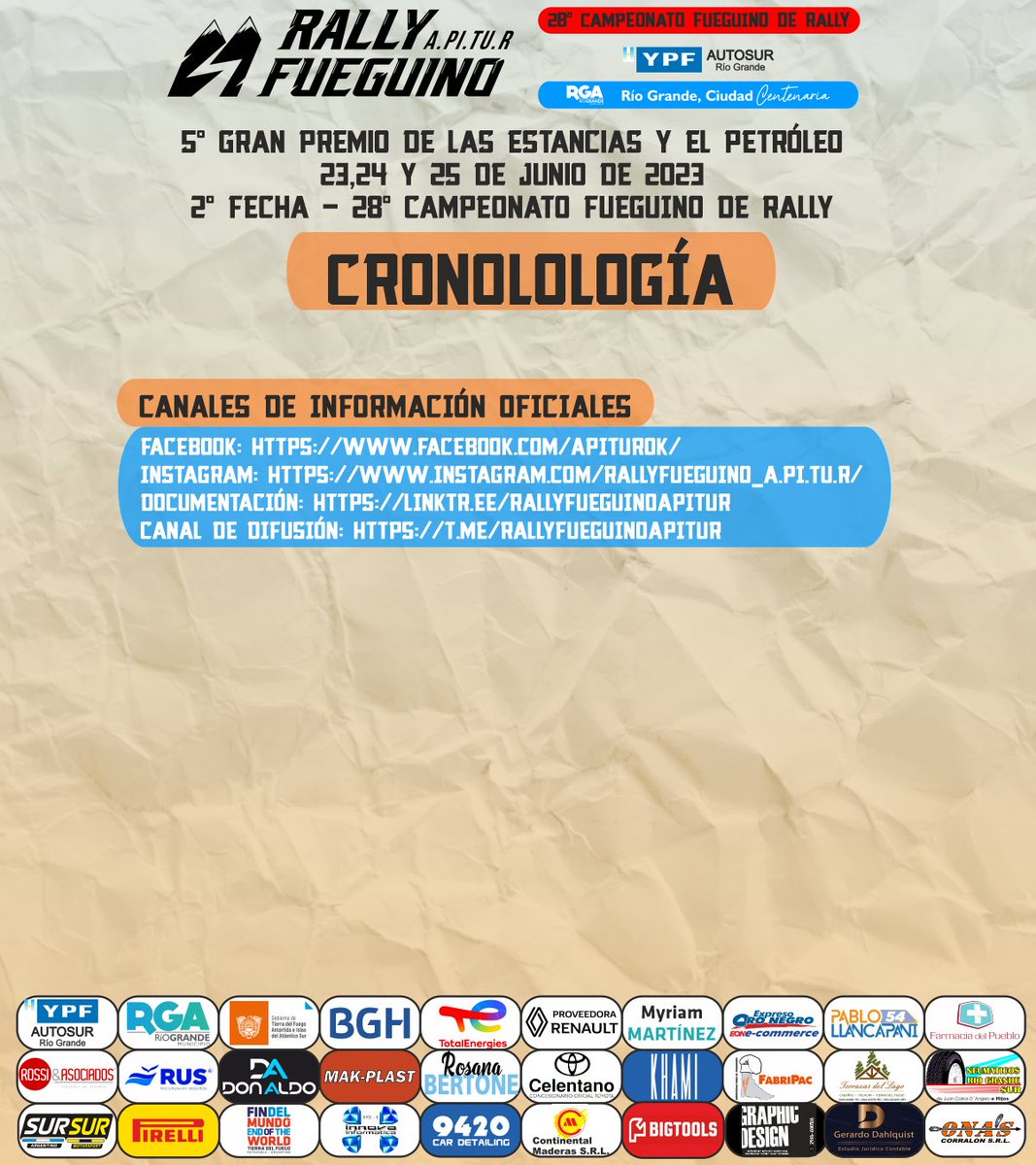 ApiturRallyTDF's tweet photo. 🗓⏱CRONOLOGÍA
2️⃣° Fecha 2️⃣0️⃣2️⃣3️⃣
2️⃣3️⃣~2️⃣5️⃣ de Junio
5️⃣° Gran Premio de las Estancias y el Petróleo 🐑🛢🎣🏭🌊🌬
2️⃣8️⃣° @YPFoficial Autosur Rio Grande SA Municipio Río Grande
Campeonato Fueguino de Rally 
@BGH_SA 
@TotalEnergies  @TotalEnergiesRC https://t.co/HG8vMtpuSn