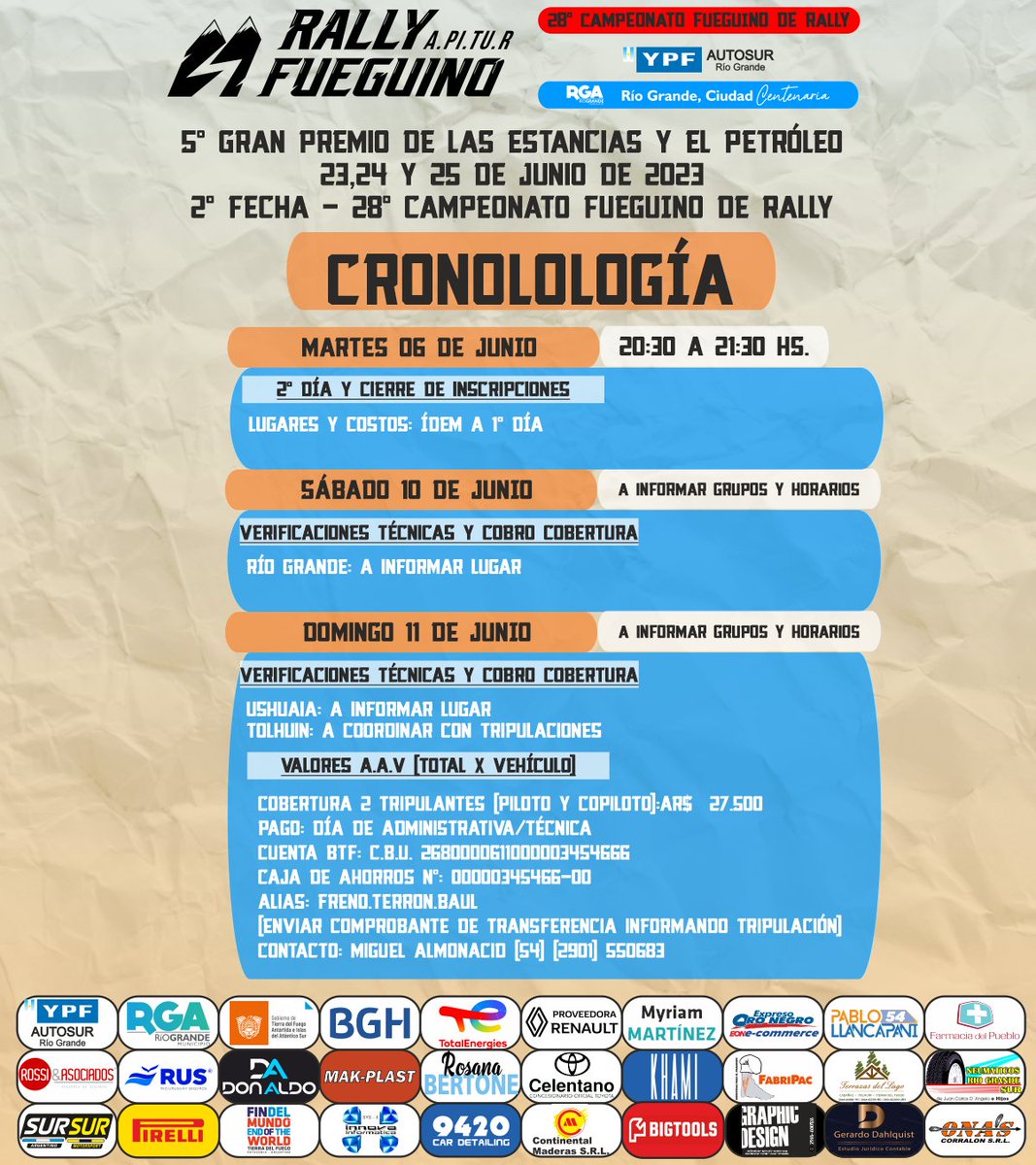 ApiturRallyTDF's tweet photo. 🗓⏱CRONOLOGÍA
2️⃣° Fecha 2️⃣0️⃣2️⃣3️⃣
2️⃣3️⃣~2️⃣5️⃣ de Junio
5️⃣° Gran Premio de las Estancias y el Petróleo 🐑🛢🎣🏭🌊🌬
2️⃣8️⃣° @YPFoficial Autosur Rio Grande SA Municipio Río Grande
Campeonato Fueguino de Rally 
@BGH_SA 
@TotalEnergies  @TotalEnergiesRC https://t.co/HG8vMtpuSn