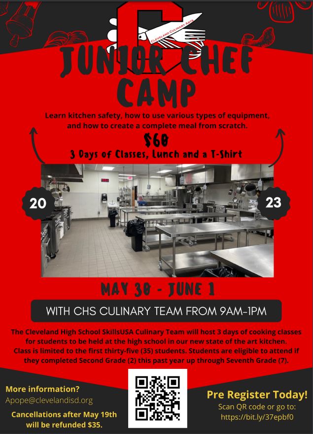 The Award Winning CHS Culinary Team is hosting a Junior Chef Camp! <a href="/CMS_CISD/">CLEVELAND MIDDLE SCHOOL</a> <a href="/SantaFeMSCISD/">Santa Fe Middle School, CISD</a> <a href="/cisdsouthside/">Southside Elementary School</a> <a href="/CisdNorthside/">Northside Elementary (CISD)</a> <a href="/EastsideCISD/">Eastside Elementary</a> <a href="/CottonwoodCISD/">Cottonwood Elementary, CISD</a> <a href="/PineBurrCISD/">Pine Burr Elementary, CISD</a> <a href="/SantaFeCISD/">Santa Fe Elementary, CISD</a>