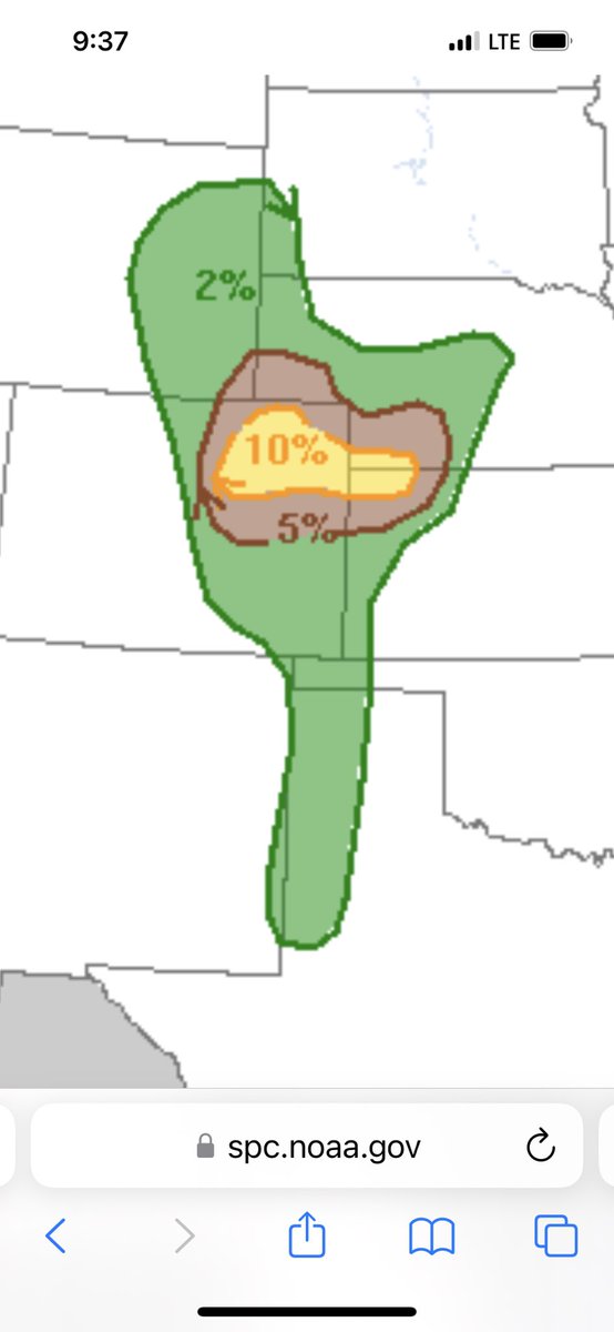 Tornado risk just jumped up to 10% for today, ironically right where I pulled over to wait. Could be a good day! #wxtwitter