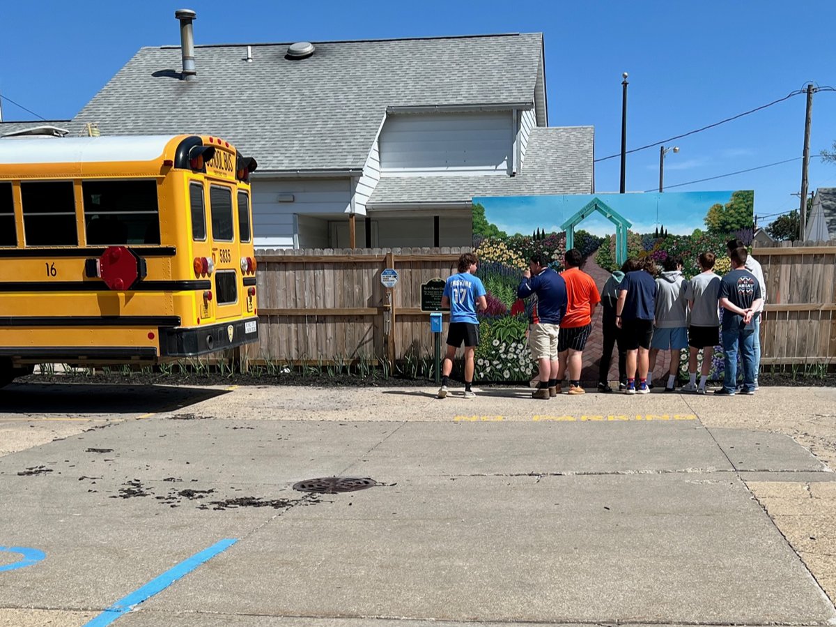 We always enjoy seeing yellow buses in our parking lot and students searching for the hidden words in Eva's Peace Garden mural. To schedule your school, group or business to visit contact us today at 812-234-7881.