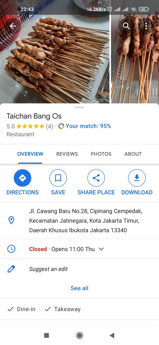 glen_nd's tweet photo. @mediocrickey Sate taichan yg di sini enak. Tiap kali mau beli taichan, pasti belinya dari sini 👍 https://t.co/HGmzzdVube