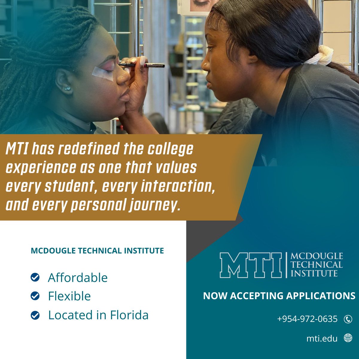 Since 2010 MTI has harnessed the power of holistic growth by cultivating a transformative learning environment.

To learn how you benefit from one of our vocational or degree programs, call us today at 954-972-0635 or visit our website.

#MTI #McDougleTech #Florida