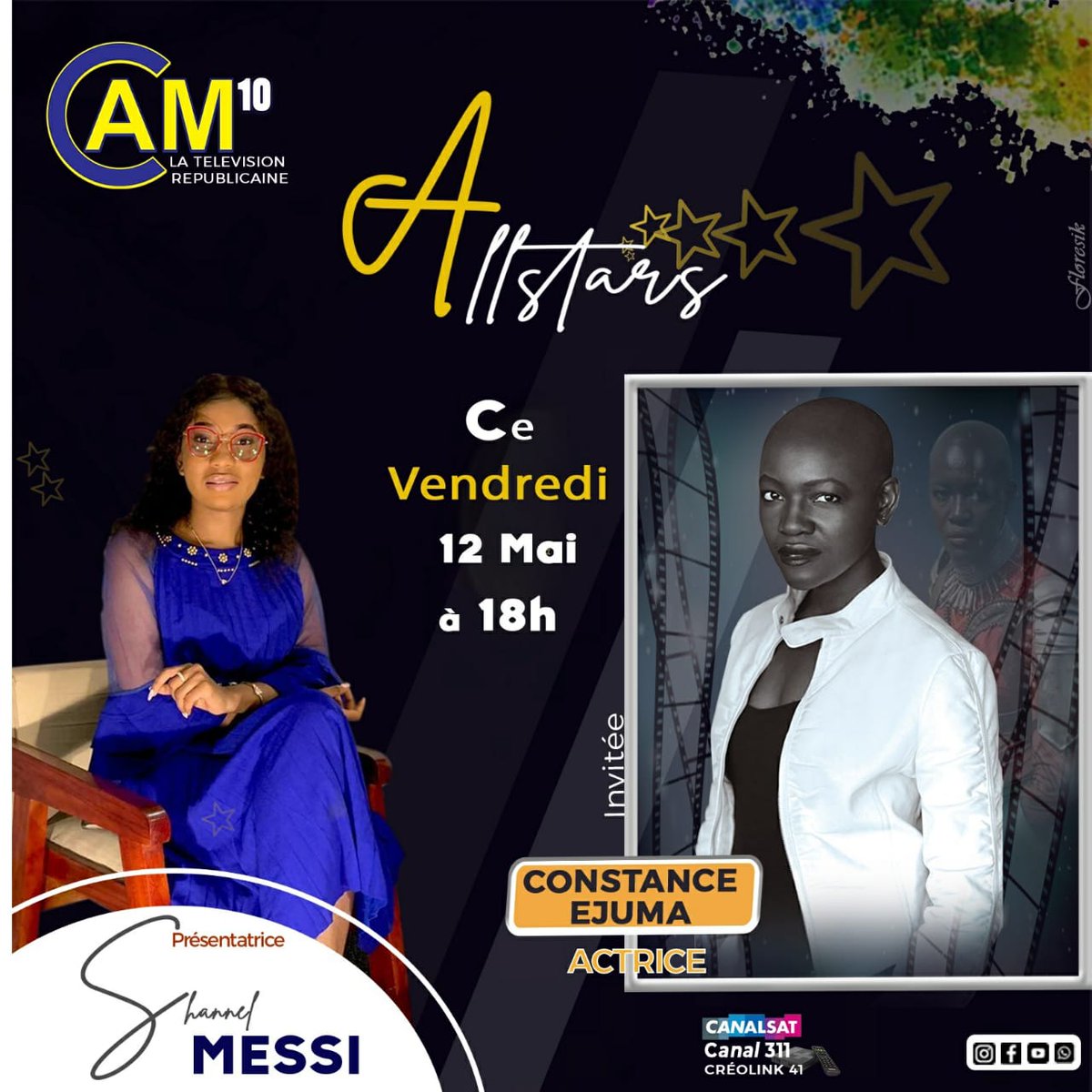 Ce vendredi 12 mai 2023 All-Stars Officiel  vous présente Dr Constance Ejuma. Elle partagera avec vous sa carrière à partir du questionnaire magique de lafemme_du_detail 🎤🎬. Ce sera en live Facebook, #canalplus311 , et #creolink #canal41_45 exactement à 18h heure du #Cameroun.