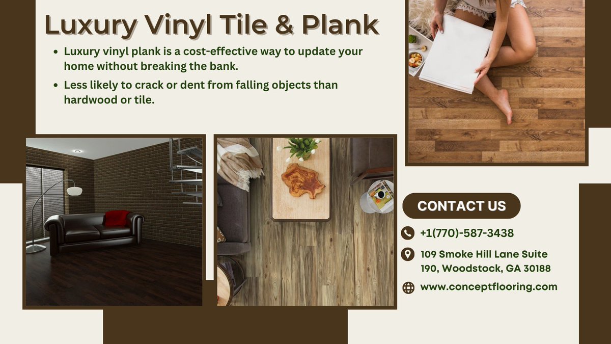 conceptflooring.com
Luxury vinyl plank is a cost-effective way to update your home without breaking the bank. 
#ConceptFlooring #conceptflooringinc #flooringexperts #luxuryvinyltile #luxuryvinylplank #bestflooringingeorgia #bestflooringcompanyingeorgia #bestflooring