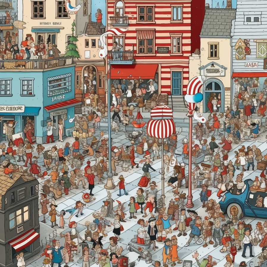 venturetwins's tweet photo. If you want to drive someone crazy: 

Ask Midjourney to generate a game of Where's Waldo. 

It will generate images that LOOK legitimate enough to spend time looking - but do not, in fact, contain Waldo (I think?). https://t.co/s2vxc6FDfl