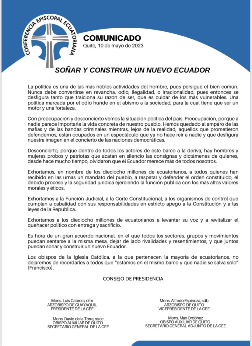 Confepec's tweet photo. Obispos del Ecuador se pronuncian ante la crisis política que se vive en el país https://t.co/Ot613xC72o